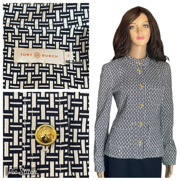 Tory Burch Cameron Crosshatch-print Jacket IvoryNavy with a Mandarin Collar SZ 2 - Picture 1 of 15